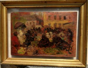Alessandro Lupo 1876 1953 Bozzetto di scena di mercato olio su tavoletta  cm. 31 x 21 